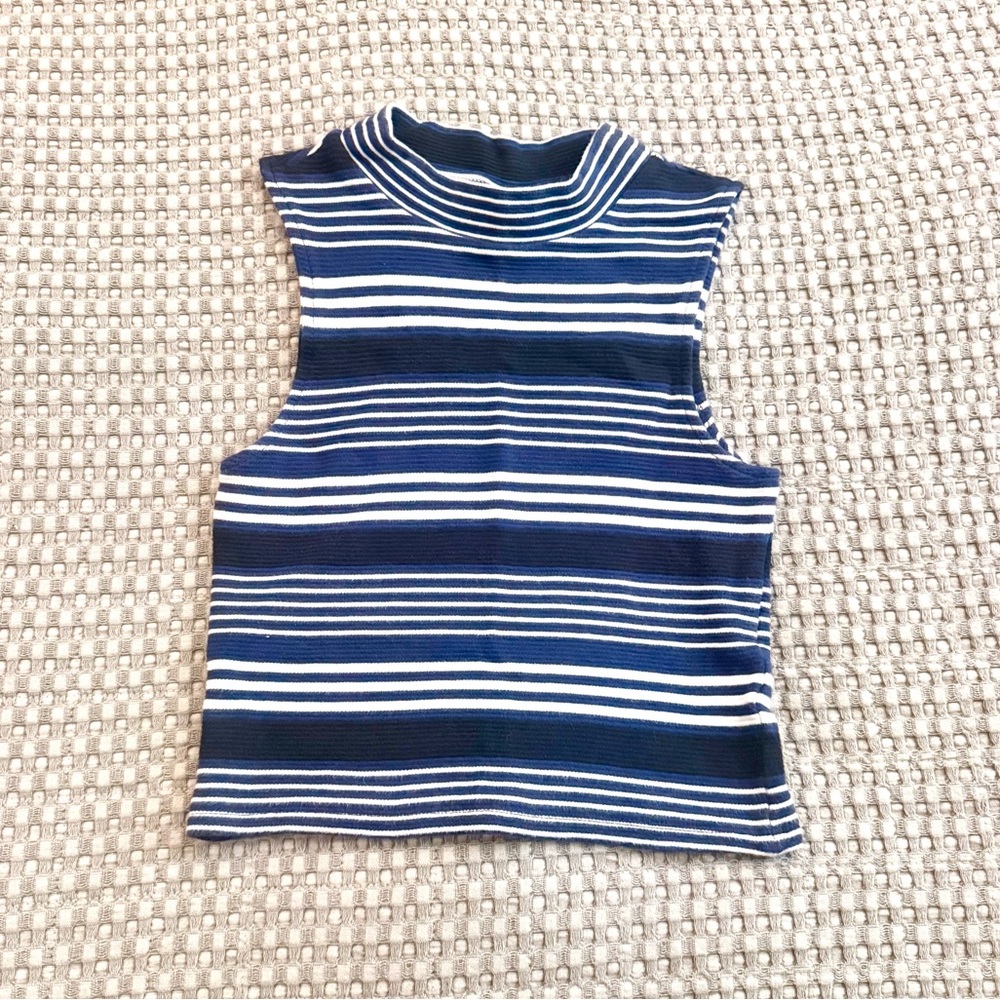 H&M Navy & White Striped Sleeveless Mock Neck Crop Top